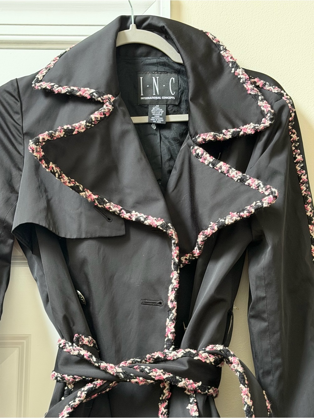 INC International Concepts Black Trench Coat with Pink Floral Trim - Picture 6 of 8